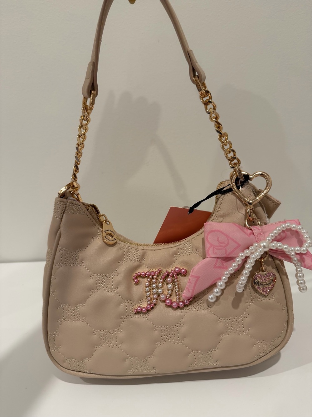Juicy Couture Beige Quilted Shoulder Bag with Pink Bow and Pearl Charm